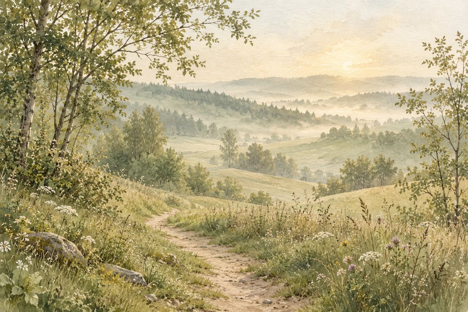 Ilustrace cesty mezi zelenými kopci v měkkém světle